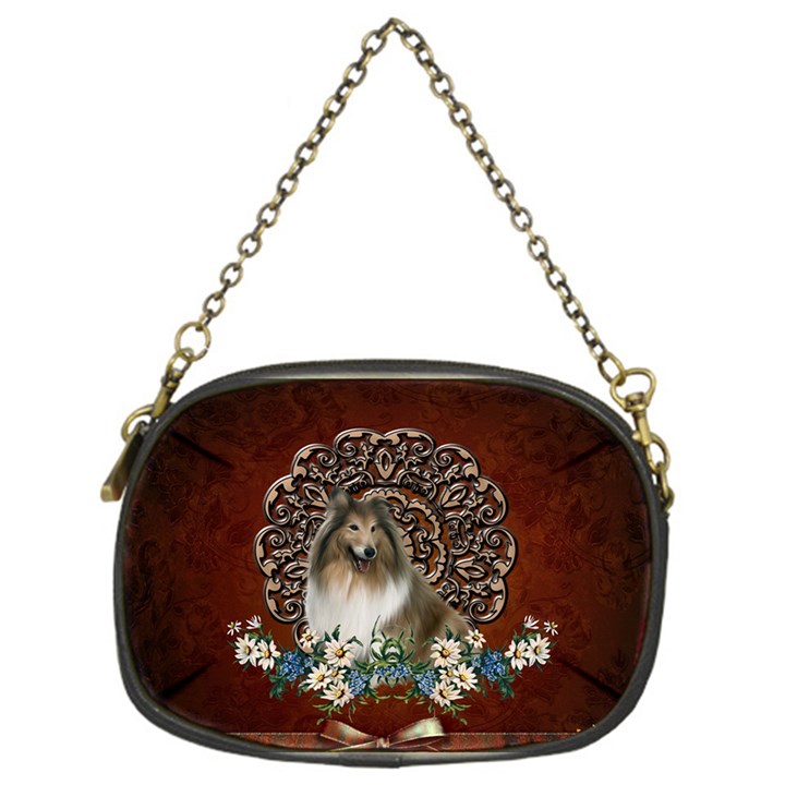 Cute Collie With Flowers On Vintage Background Chain Purse (One Side)