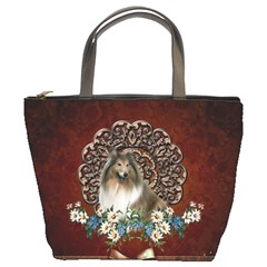 Cute Collie With Flowers On Vintage Background Bucket Bag by FantasyWorld7