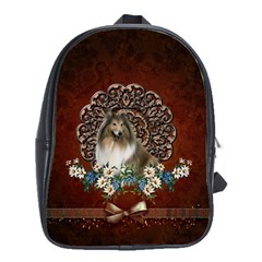 Cute Collie With Flowers On Vintage Background School Bag (large) by FantasyWorld7