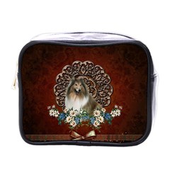 Cute Collie With Flowers On Vintage Background Mini Toiletries Bag (one Side) by FantasyWorld7