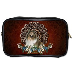 Cute Collie With Flowers On Vintage Background Toiletries Bag (two Sides) by FantasyWorld7