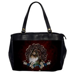 Cute Collie With Flowers On Vintage Background Oversize Office Handbag by FantasyWorld7