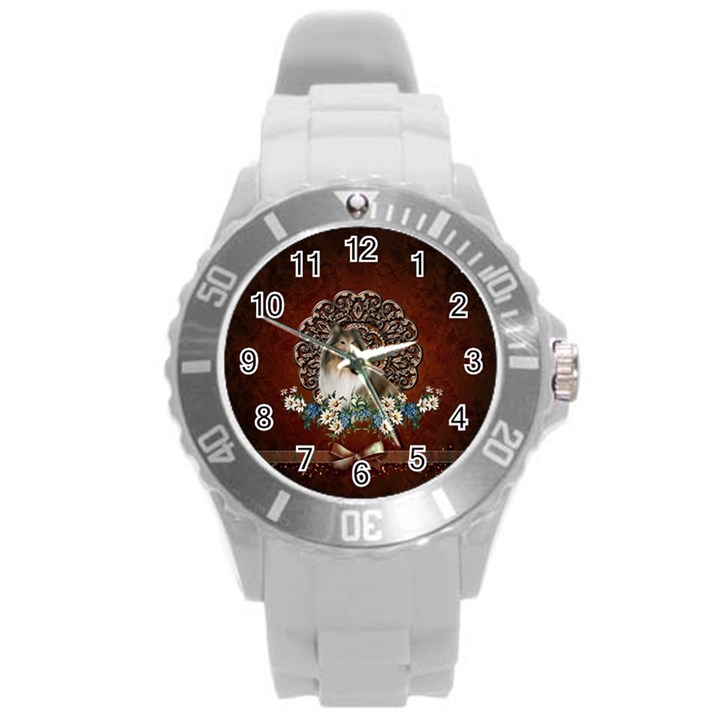 Cute Collie With Flowers On Vintage Background Round Plastic Sport Watch (L)