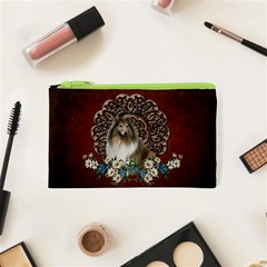 Cute Collie With Flowers On Vintage Background Cosmetic Bag (xs) by FantasyWorld7