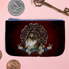 Cute Collie With Flowers On Vintage Background Large Coin Purse by FantasyWorld7