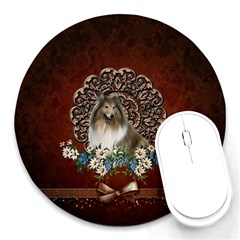 Cute Collie With Flowers On Vintage Background Round Mousepads by FantasyWorld7