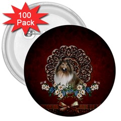 Cute Collie With Flowers On Vintage Background 3  Buttons (100 Pack)  by FantasyWorld7