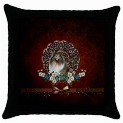 Cute Collie With Flowers On Vintage Background Throw Pillow Case (black) by FantasyWorld7