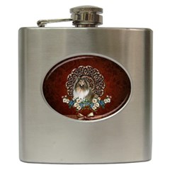 Cute Collie With Flowers On Vintage Background Hip Flask (6 Oz) by FantasyWorld7