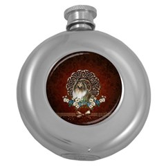 Cute Collie With Flowers On Vintage Background Round Hip Flask (5 Oz) by FantasyWorld7