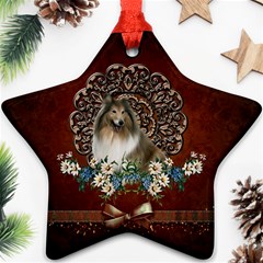 Cute Collie With Flowers On Vintage Background Star Ornament (two Sides) by FantasyWorld7