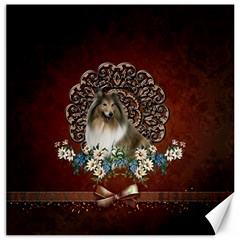 Cute Collie With Flowers On Vintage Background Canvas 16  X 16  by FantasyWorld7