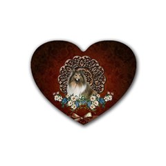 Cute Collie With Flowers On Vintage Background Rubber Coaster (heart)  by FantasyWorld7