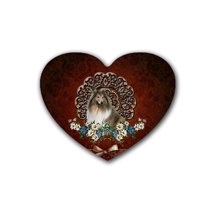 Cute Collie With Flowers On Vintage Background Rubber Coaster (Heart) 