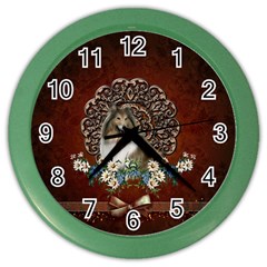 Cute Collie With Flowers On Vintage Background Color Wall Clock by FantasyWorld7