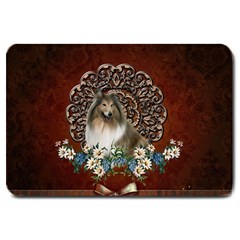 Cute Collie With Flowers On Vintage Background Large Doormat  by FantasyWorld7