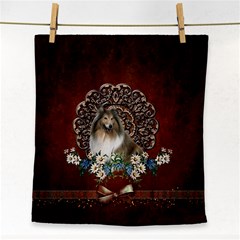 Cute Collie With Flowers On Vintage Background Face Towel by FantasyWorld7