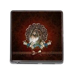 Cute Collie With Flowers On Vintage Background Memory Card Reader (square 5 Slot) by FantasyWorld7