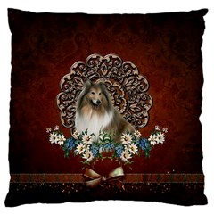 Cute Collie With Flowers On Vintage Background Large Cushion Case (two Sides) by FantasyWorld7