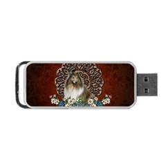 Cute Collie With Flowers On Vintage Background Portable Usb Flash (one Side) by FantasyWorld7