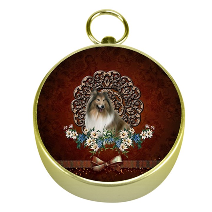 Cute Collie With Flowers On Vintage Background Gold Compasses