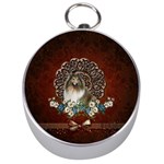 Cute Collie With Flowers On Vintage Background Silver Compasses