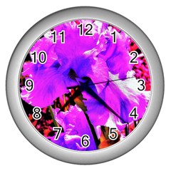 Abstract Ultra Violet Purple Iris On Red And Pink Wall Clock (silver) by myrubiogarden