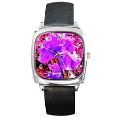 Abstract Ultra Violet Purple Iris On Red And Pink Square Metal Watch by myrubiogarden