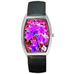 Abstract Ultra Violet Purple Iris On Red And Pink Barrel Style Metal Watch Front