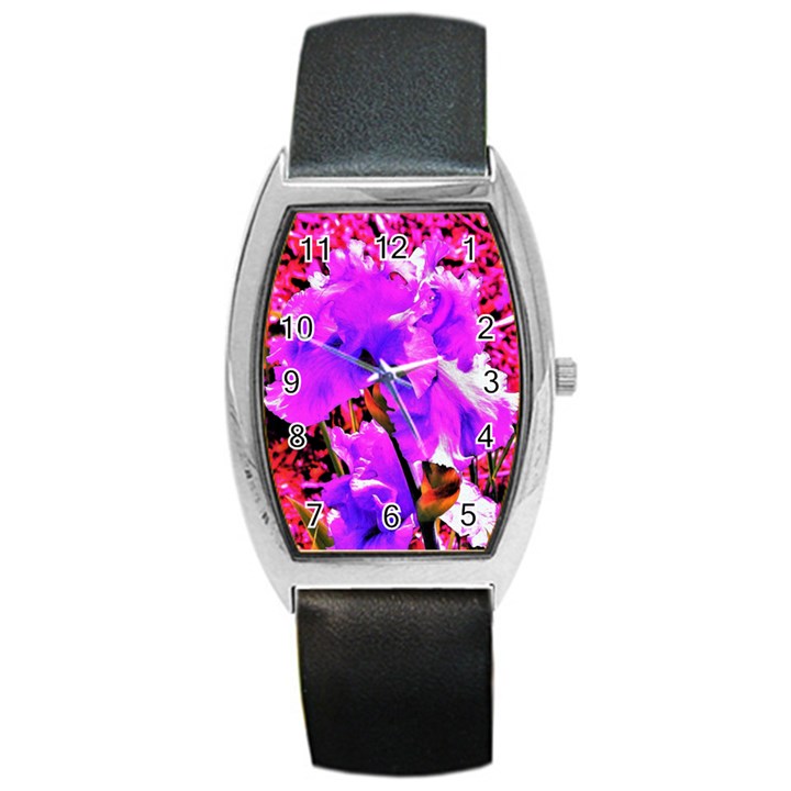 Abstract Ultra Violet Purple Iris On Red And Pink Barrel Style Metal Watch