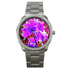 Abstract Ultra Violet Purple Iris On Red And Pink Sport Metal Watch