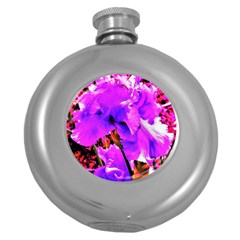 Abstract Ultra Violet Purple Iris On Red And Pink Round Hip Flask (5 Oz) by myrubiogarden