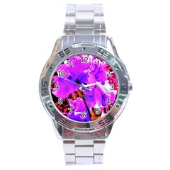 Abstract Ultra Violet Purple Iris On Red And Pink Stainless Steel Analogue Watch