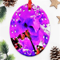 Abstract Ultra Violet Purple Iris On Red And Pink Oval Filigree Ornament (Two Sides)