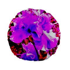 Abstract Ultra Violet Purple Iris On Red And Pink Standard 15  Premium Flano Round Cushions by myrubiogarden