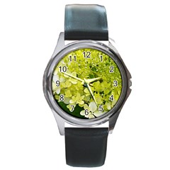 Elegant Chartreuse Green Limelight Hydrangea Macro Round Metal Watch by myrubiogarden