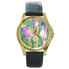 Abstract Oriental Lilies In My Rubio Garden Round Gold Metal Watch