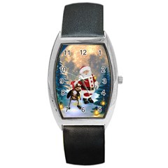 Merry Christmas, Santa Claus With Funny Cockroach In The Night Barrel Style Metal Watch by FantasyWorld7