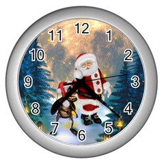 Merry Christmas, Santa Claus With Funny Cockroach In The Night Wall Clock (silver) by FantasyWorld7