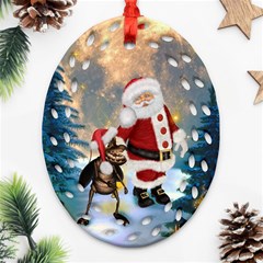 Merry Christmas, Santa Claus With Funny Cockroach In The Night Ornament (oval Filigree) by FantasyWorld7