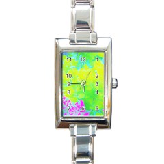 Fluorescent Yellow And Pink Abstract Garden Foliage Rectangle Italian Charm Watch by myrubiogarden