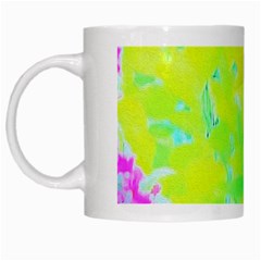 Fluorescent Yellow And Pink Abstract Garden Foliage White Mugs by myrubiogarden