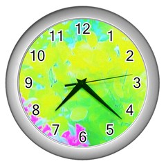 Fluorescent Yellow And Pink Abstract Garden Foliage Wall Clock (silver) by myrubiogarden