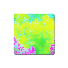 Fluorescent Yellow And Pink Abstract Garden Foliage Square Magnet by myrubiogarden