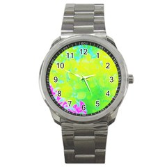 Fluorescent Yellow And Pink Abstract Garden Foliage Sport Metal Watch by myrubiogarden