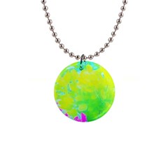 Fluorescent Yellow And Pink Abstract Garden Foliage 1  Button Necklace by myrubiogarden