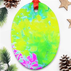 Fluorescent Yellow And Pink Abstract Garden Foliage Oval Ornament (two Sides) by myrubiogarden