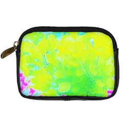 Fluorescent Yellow And Pink Abstract Garden Foliage Digital Camera Leather Case by myrubiogarden