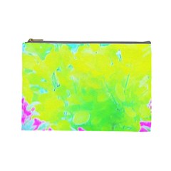 Fluorescent Yellow And Pink Abstract Garden Foliage Cosmetic Bag (large) by myrubiogarden