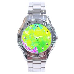 Fluorescent Yellow And Pink Abstract Garden Foliage Stainless Steel Analogue Watch by myrubiogarden